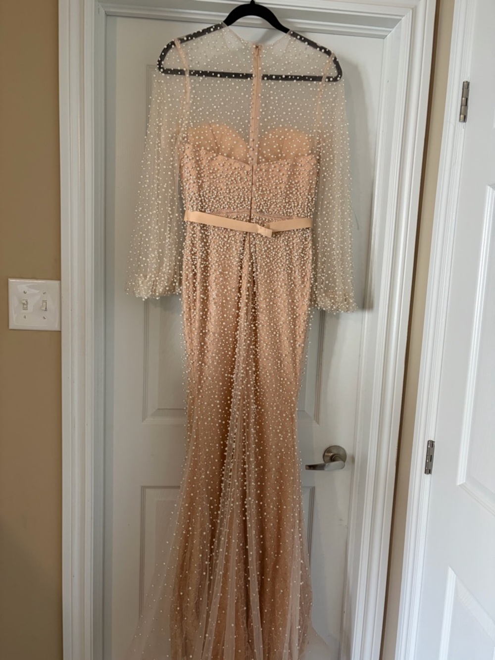Strapless Beaded Evening Gown in Blush Peach - Picture 2 of 4